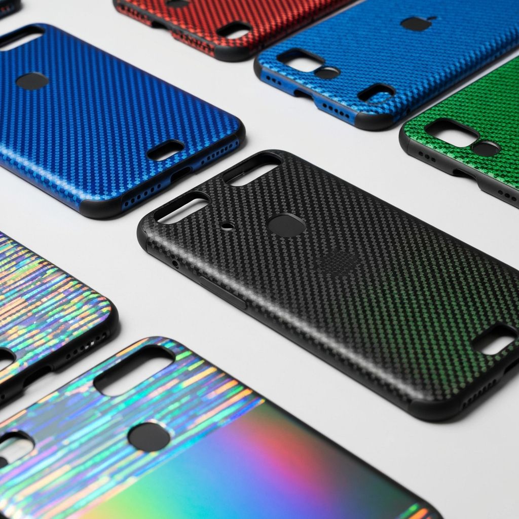 Premium smartphone skins with colorful textures and carbon fiber designs