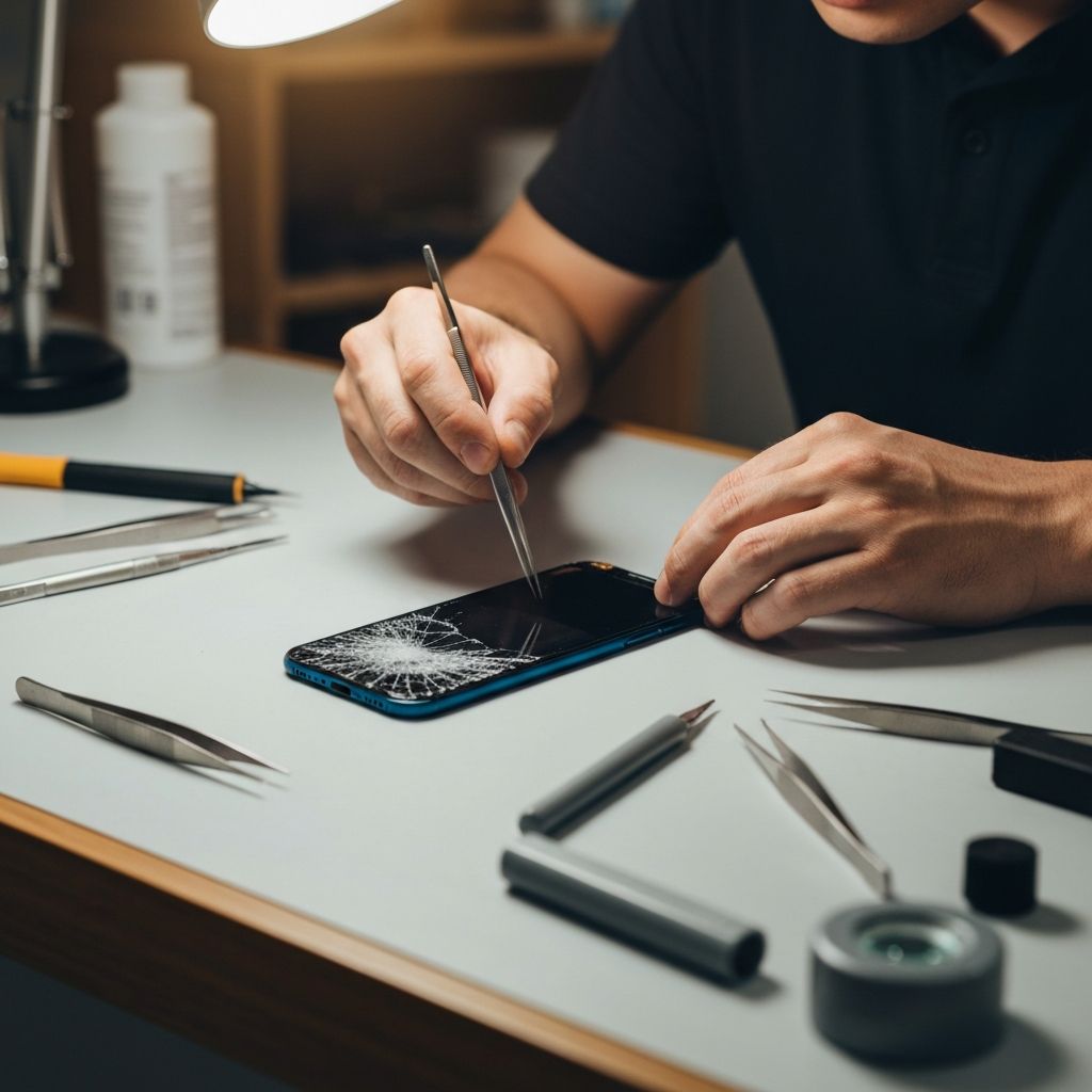 Technician replacing a smartphone screen on a repair table